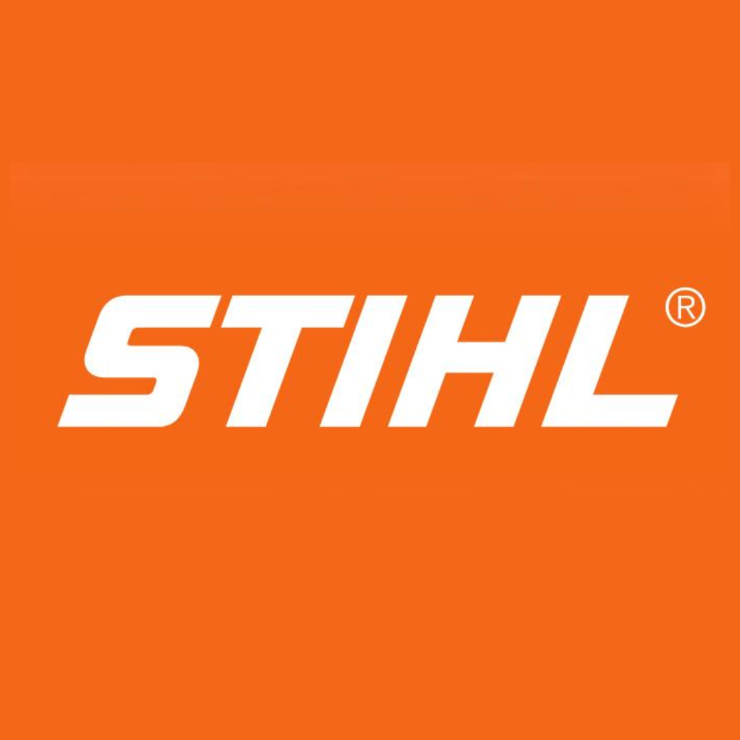 Image of white STIHL Logo on an orange square background. Gerry Croffey Garden Machinery gerrycroffey.ie