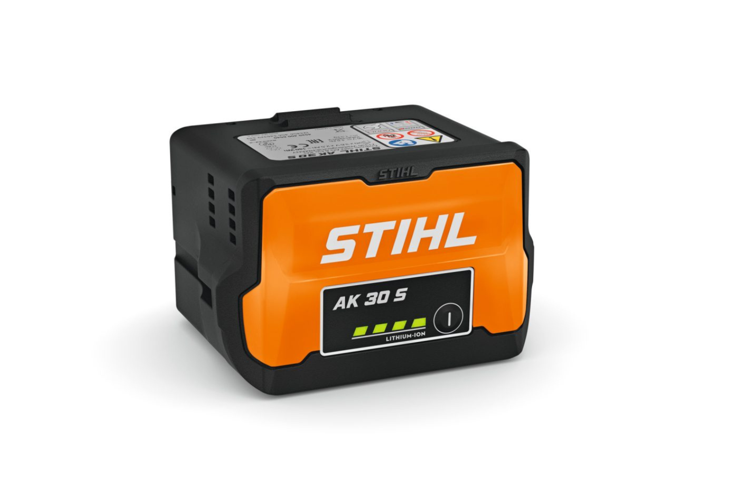 A STIHL AK30S lithium-ion battery in black and orange, with a charge level indicator (LED) visible on the front.