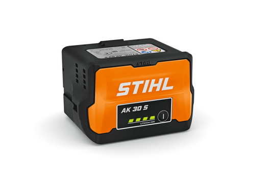 A STIHL AK30S lithium-ion battery in black and orange, with a charge level indicator (LED) visible on the front.